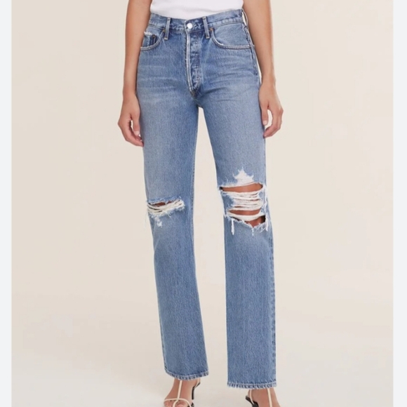 AGOLDE Lana Mid Rise Vintage Straight Jean Backdrop Blue 24 Distressed Denim - Picture 1 of 8